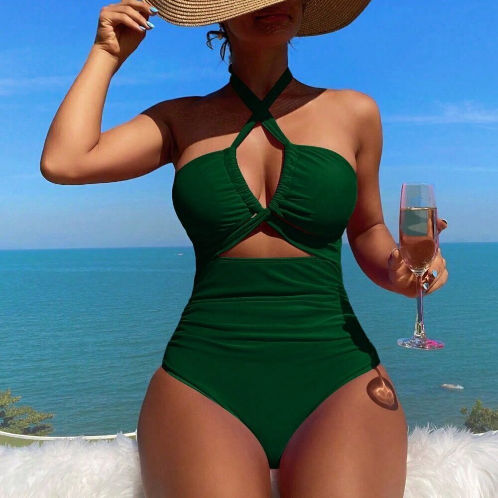 Dark Green Women's Hollow Out Ruffle Monokini Swimsuit
